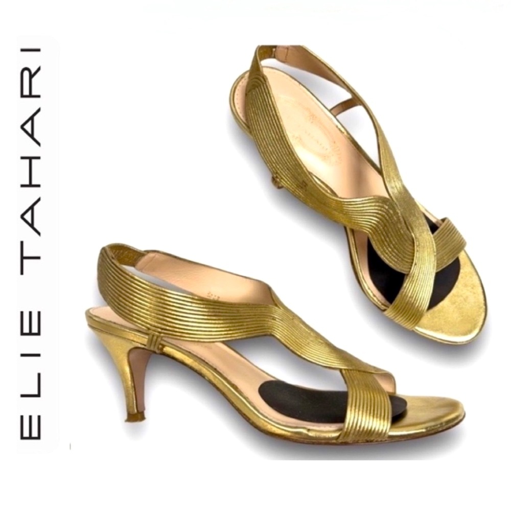 ELLIE TAHARI Metallic Gold sling back kitten heels  SZ 7.5